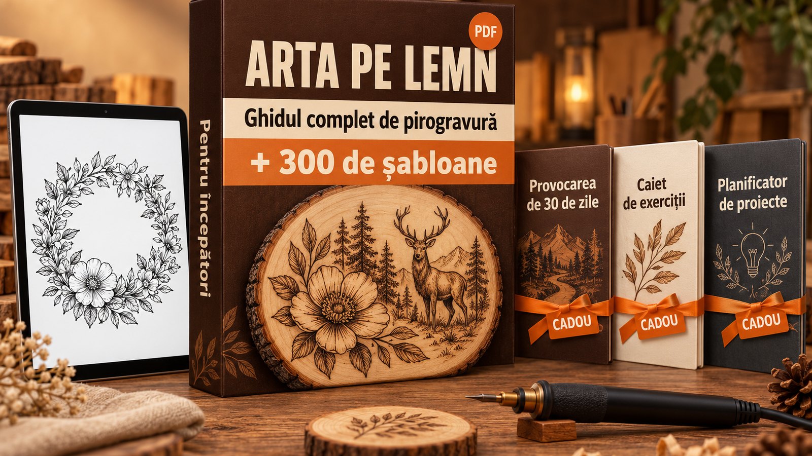 Arta pe Lemn – Ghidul complet de pirogravură, 300 de șabloane și 3 cadouri